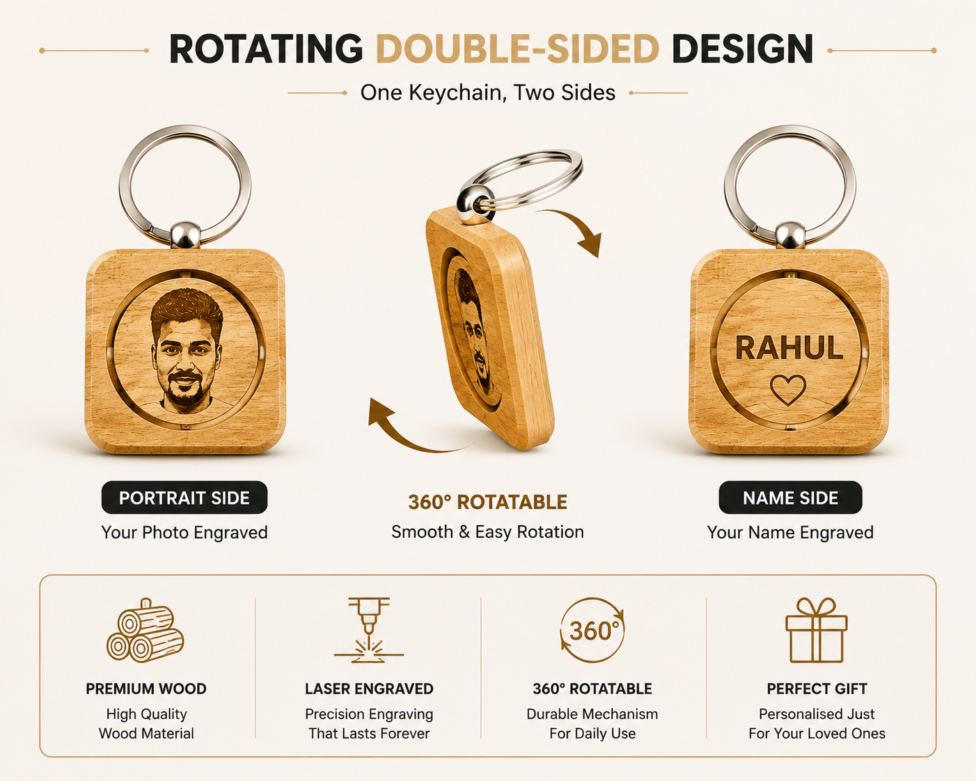 Personalised Wooden Photo Engraved Rotating Keychain - Image 3